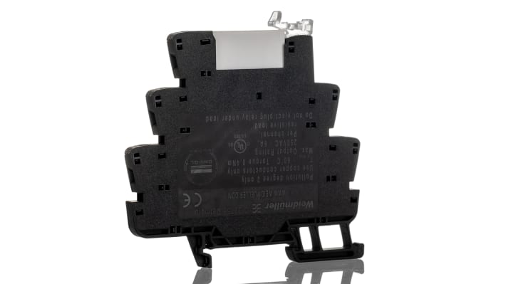 Relè d'interfaccia Weidmüller TRS, SPDT, bobina 24V, montaggio su guida DIN, dimensioni 87.8 x 89.6 x 6.4mm.