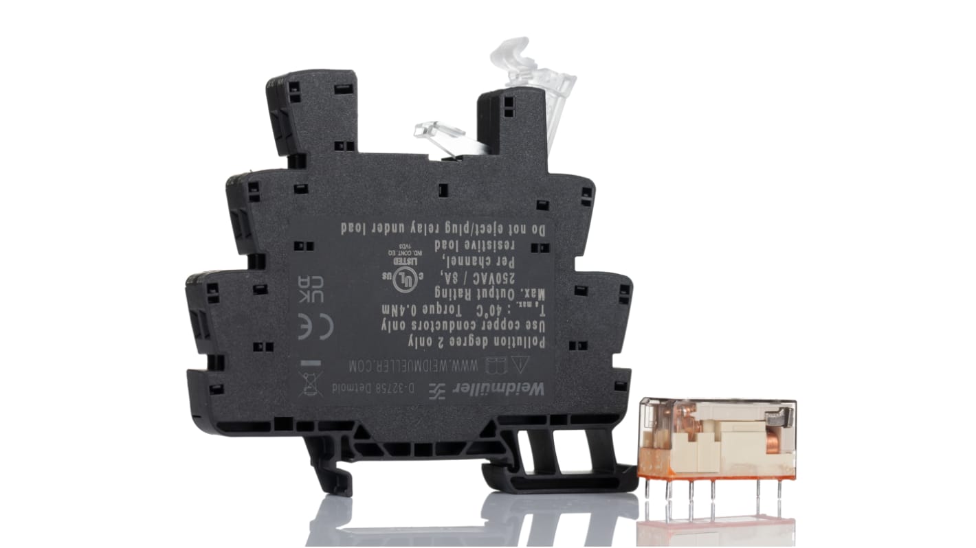 Relè d'interfaccia Weidmüller TRS, DPDT, montaggio su guida DIN, 24-230V, 8A, dimensioni 12.8 x 87.8 x 89.6 mm.