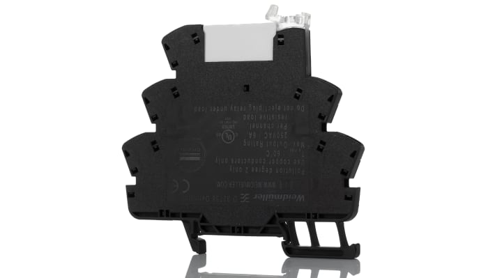 Relè d'interfaccia Weidmüller TRZ, bobina 24V, contatti SPDT, montaggio su guida DIN, dimensioni 90 x 6.4 x 88 mm.