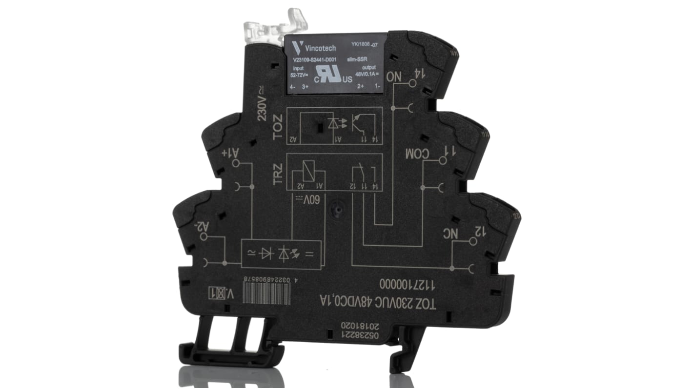 Weidmüller relè di interfaccia a stato solido, montaggio su guida DIN, tensione 230 V, corrente 100 mA, dimensioni 90 x 6.4 x 88 mm.
