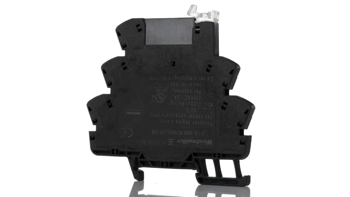 Weidmüller relè di interfaccia a stato solido, montaggio su guida DIN, tensione 230 V, corrente 100 mA, dimensioni 90 x 6.4 x 88 mm.