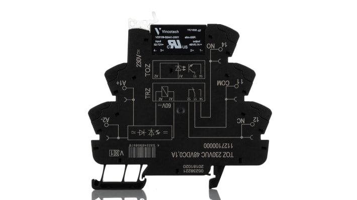 Weidmüller relè di interfaccia a stato solido, montaggio su guida DIN, tensione 230 V, corrente 100 mA, dimensioni 90 x 6.4 x 88 mm.