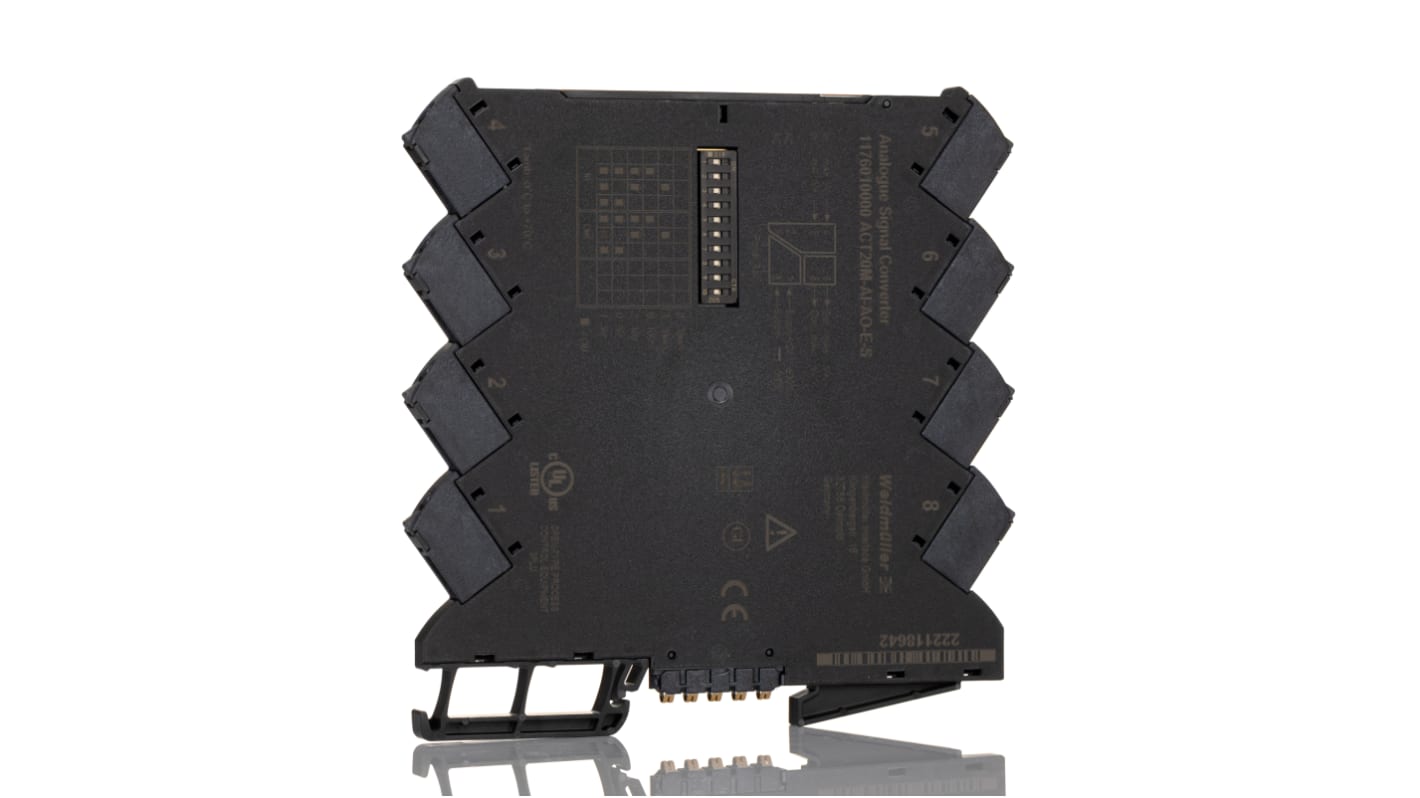 Condizionatore di segnale Weidmüller ACT20M, montaggio su guida DIN, alimentazione 24V cc, dimensioni 6,1 x 112,5 x 114,3 mm.