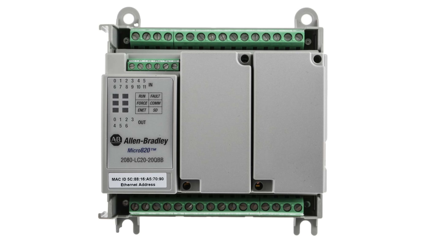 Allen Bradley 2080-LC20-20QBB, CPU PLC Micro820, 20 I/O, montaggio su guida DIN, dimensioni 90 x 104 x 75 mm.