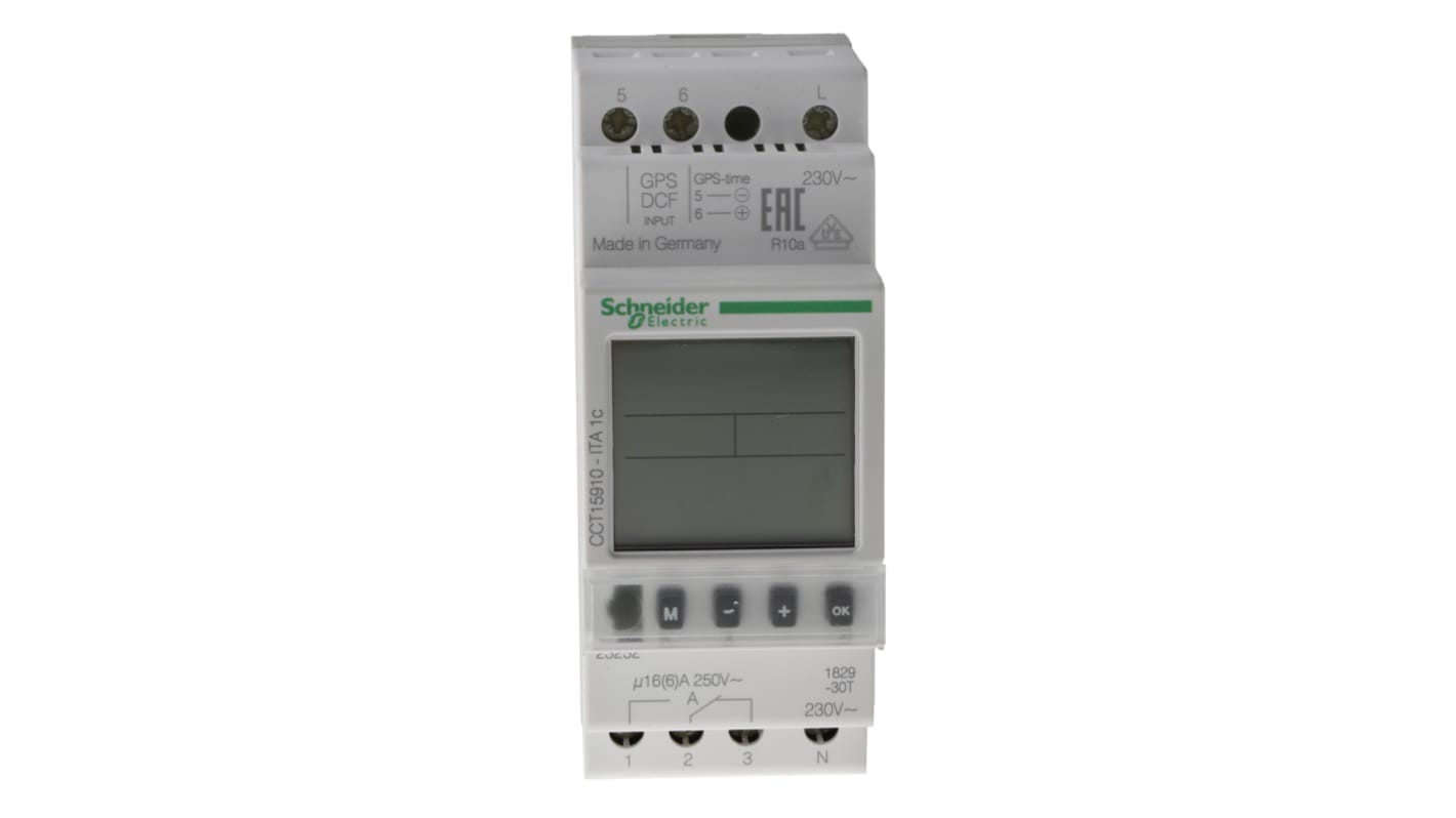 Temporizzatore per guida DIN Schneider Electric CCT15910, 230 V, programmabile, montaggio su guida DIN, dimensioni 90 mm x 63 mm.