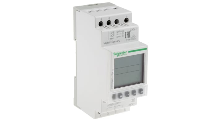 Temporizzatore per guida DIN Schneider Electric CCT15910, 230 V, programmabile, montaggio su guida DIN, dimensioni 90 mm x 63 mm.