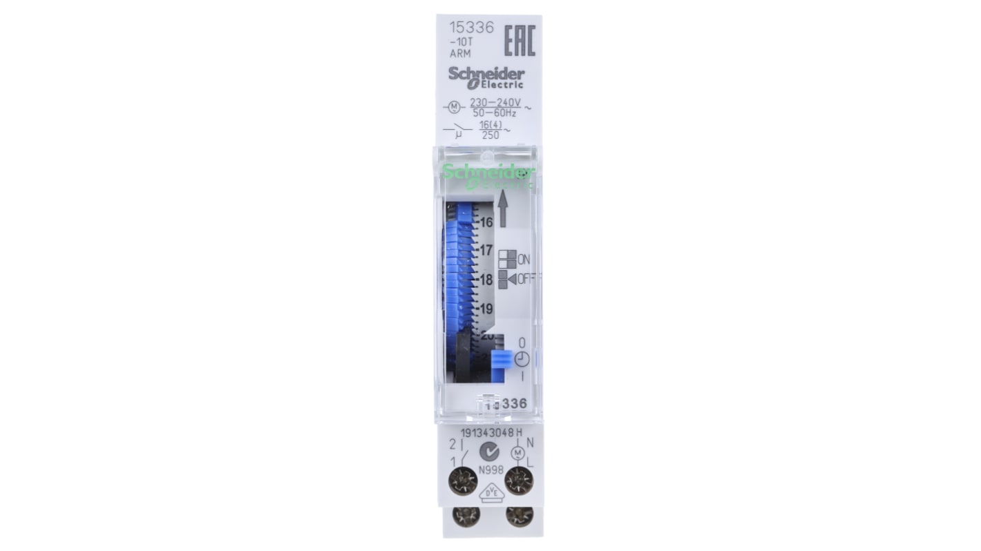 Temporizzatore meccanico Schneider Electric 15336 per guida DIN, 230 V, 1 canale, dimensioni 90x54x66 mm, IP20.