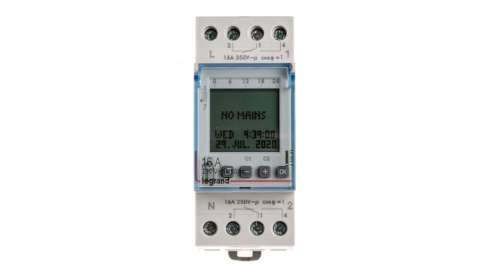 Temporizzatore Legrand 4 126 41 per guida DIN, 230 V, 2 canali, programmabile, montaggio su guida DIN, dimensioni 83 mm x 66 mm.