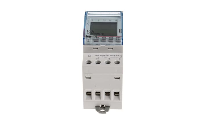 Temporizzatore Legrand 4 126 41 per guida DIN, 230 V, 2 canali, programmabile, montaggio su guida DIN, dimensioni 83 mm x 66 mm.