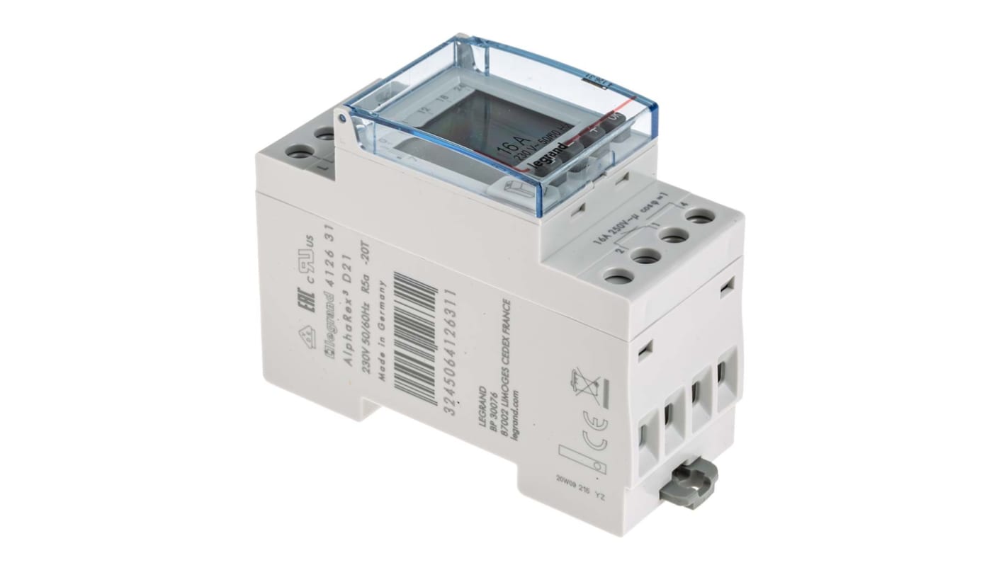 Temporizzatore Legrand 4 126 31 per guida DIN, 230 V, 2 canali, programmabile, dimensioni 83 mm x 66 mm, grado di protezione IP20.