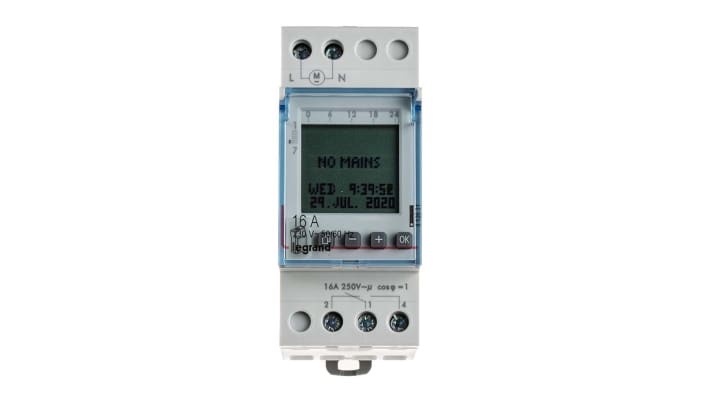 Temporizzatore Legrand 4 126 31 per guida DIN, 230 V, 2 canali, programmabile, dimensioni 83 mm x 66 mm, grado di protezione IP20.