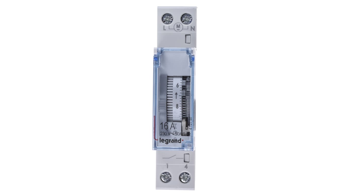 Legrand 4 127 90, temporizzatore unipolare per guida DIN, 230 V ca, programmabile, dimensioni 83x66 mm.