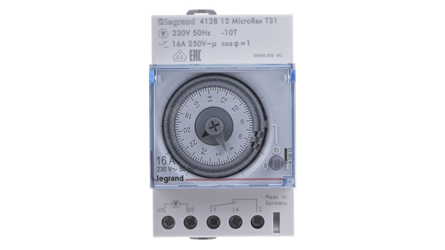 Temporizzatore Legrand 4 128 12 per guida DIN, SPDT, 3 canali, programmabile, 230 V ca, dimensioni 83 mm x 66 mm.