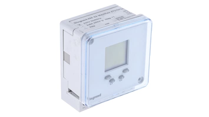 Legrand 0 496 82, temporizzatore digitale DPDT 2 canali, montaggio su guida DIN, dimensioni 72 mm x 44 mm.