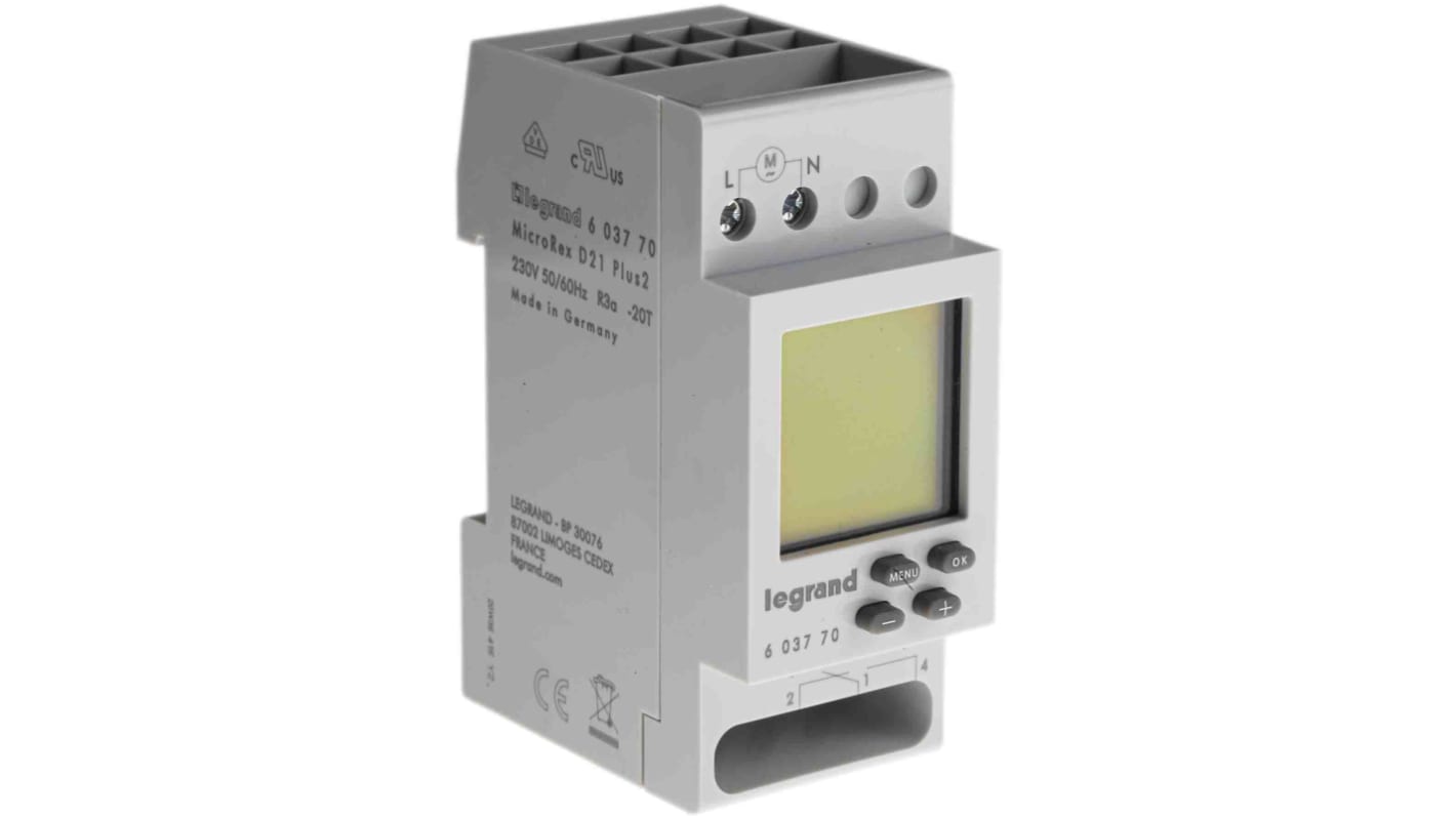 Legrand 6 037 70, temporizzatore SPDT per guida DIN, alimentazione 230 V, montaggio su guida DIN, grado di protezione IP20.