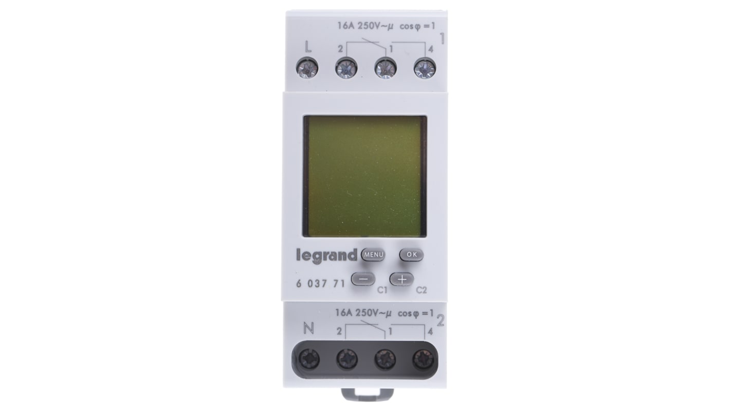 Temporizzatore Legrand 6 037 71 per guida DIN, SPDT, 2 canali, programmabile, montaggio su guida DIN, IP20.