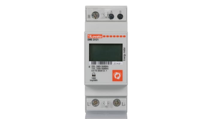Contatore di energia monofase Lovato DMED121, display LCD 7 cifre, tensione 184-264 V, corrente fino a 63 A, IP40.