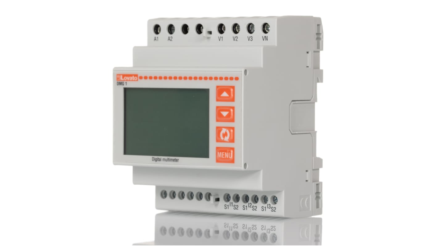 Misuratore digitale Lovato DMG100 per misurazioni trifase, montaggio su guida DIN, display LCD retroilluminato.