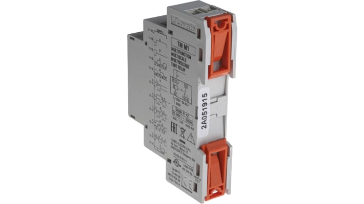Relè timer Lovato TMM1, SPDT, montaggio su guida DIN, tensione 12-240 V, corrente 8 A, dimensioni 104,7 x 17,5 x 64,9 mm.