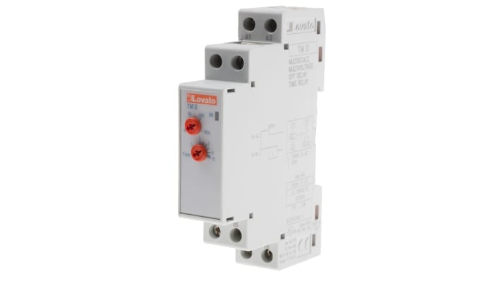 Relè temporizzato Lovato TMD, 2 poli SPDT, montaggio su guida DIN, intervallo 0.06-180s, 24-240V, 5A, dimensioni 104.7x64.9x17.5mm.