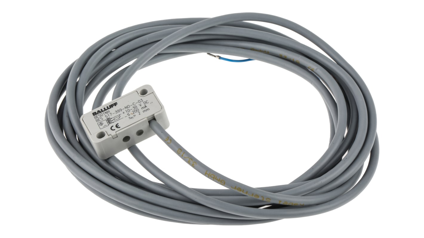Sensore di prossimità induttivo BALLUFF BES01NH, NPN, rilevamento 2 mm, IP65, dimensioni 10.5 x 30 x 16.5 mm.