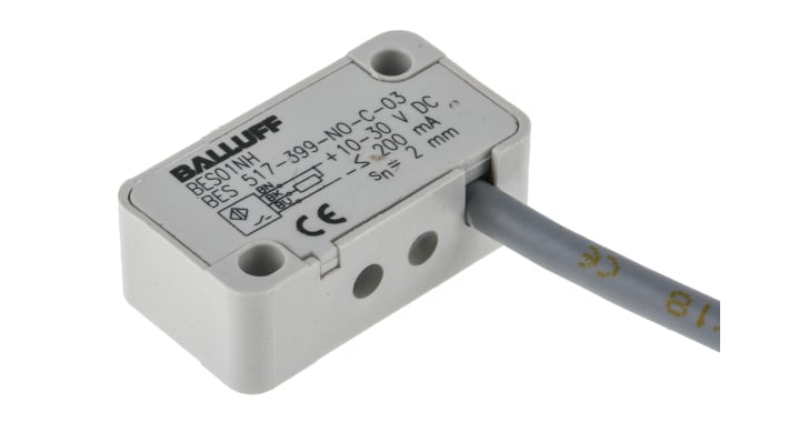 Sensore di prossimità induttivo BALLUFF BES01NH, NPN, rilevamento 2 mm, IP65, dimensioni 10.5 x 30 x 16.5 mm.
