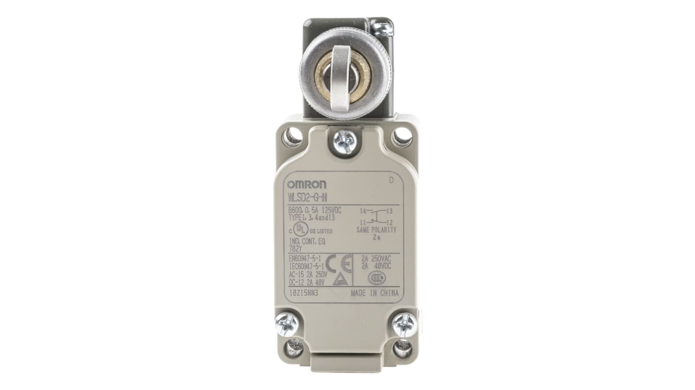 Interruttore di fine corsa Omron WLSD2-G-N, tasto a rotella NO/NC, protezione IP67, dimensioni 40mm x 67.3mm x 96.2mm.