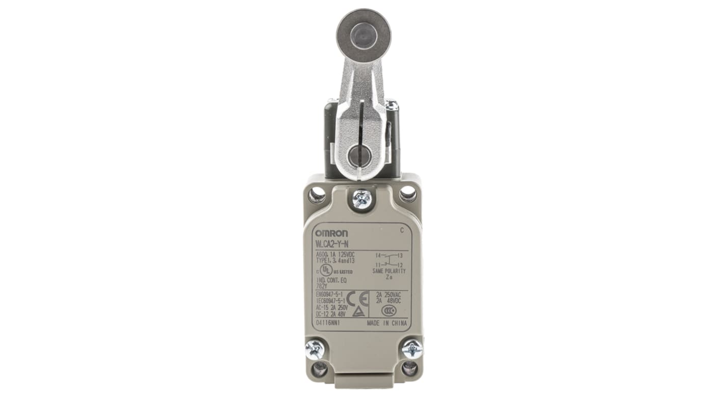 Interruttore di fine corsa a leva a rullo Omron WLCA2-Y-N, configurazione SPST, protezione IP67, dimensioni 40mm x 60mm x 125mm.
