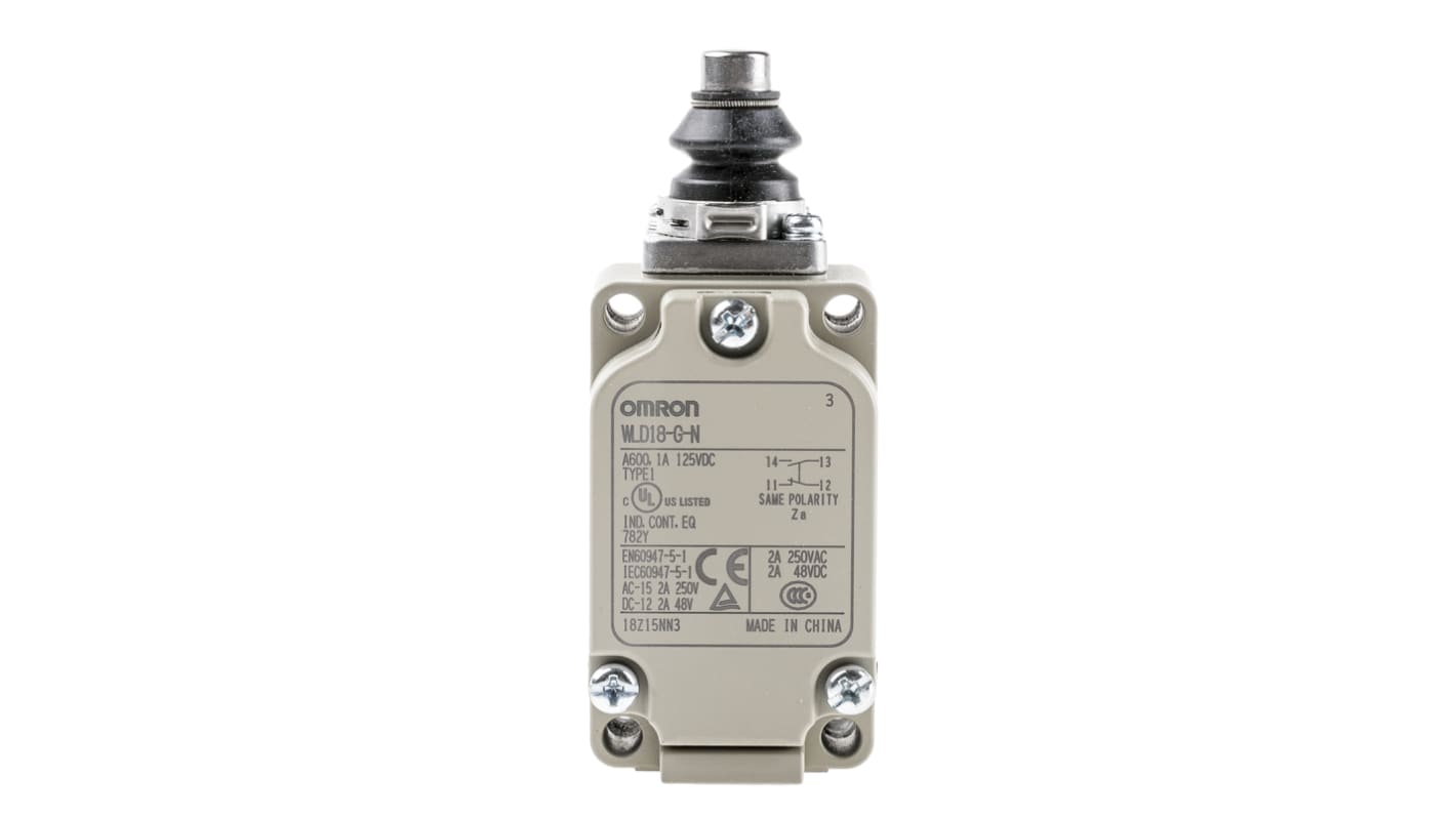 Interruttore di fine corsa Omron WLD18-G-N, stantuffo NO/NC, IP67, portata 10A, montaggio posteriore e anteriore.