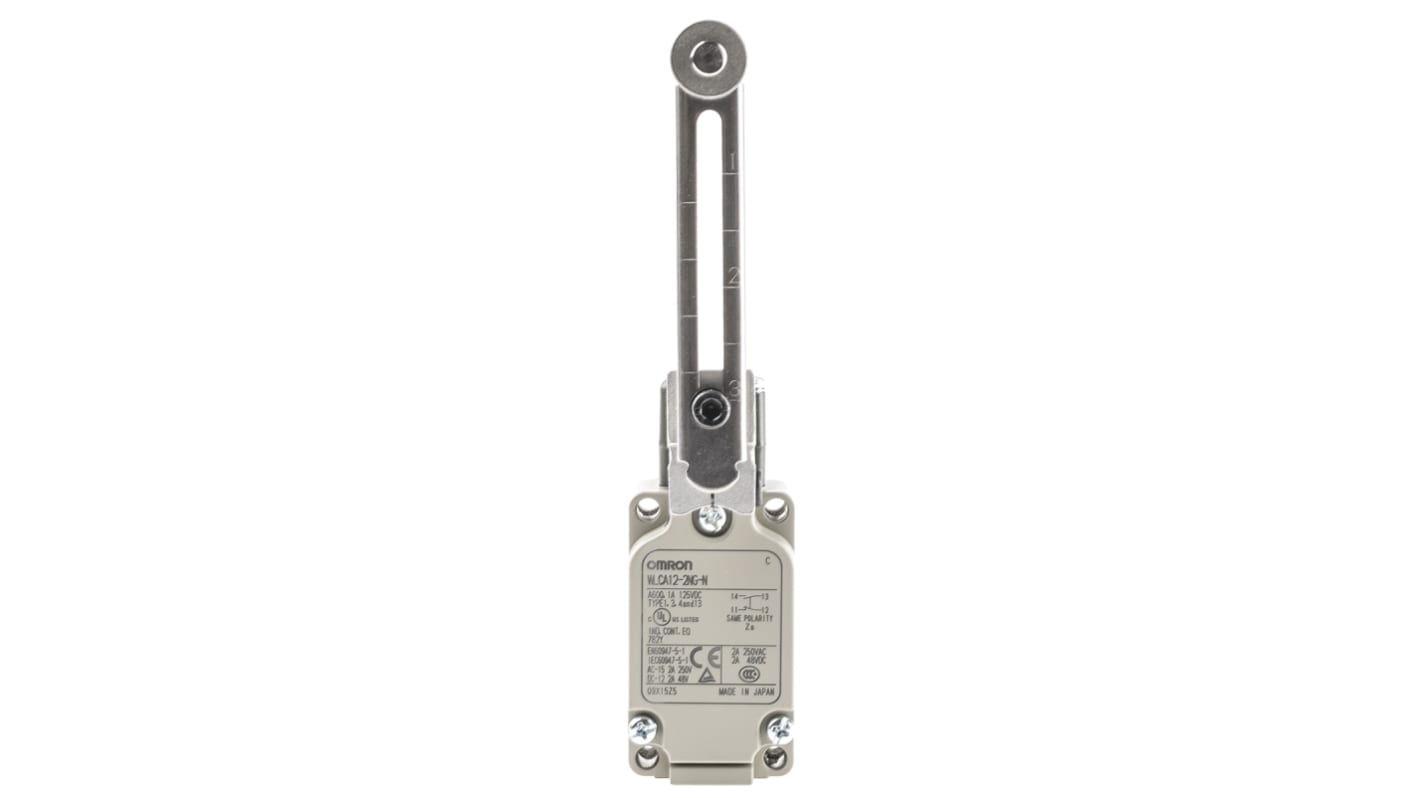 Interruttore di fine corsa Omron WLCA12-2NG-N con leva a rullo, configurazione NO/NC, protezione IP67, dimensioni 40mm x 53.2mm x 94.1mm.