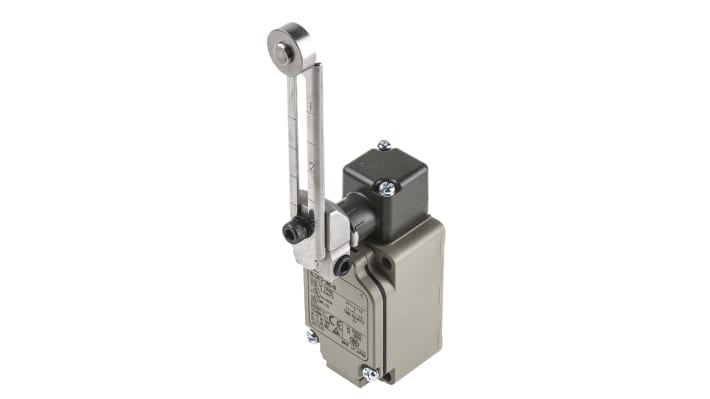 Interruttore di fine corsa Omron WLCA12-2NG-N con leva a rullo, configurazione NO/NC, protezione IP67, dimensioni 40mm x 53.2mm x 94.1mm.