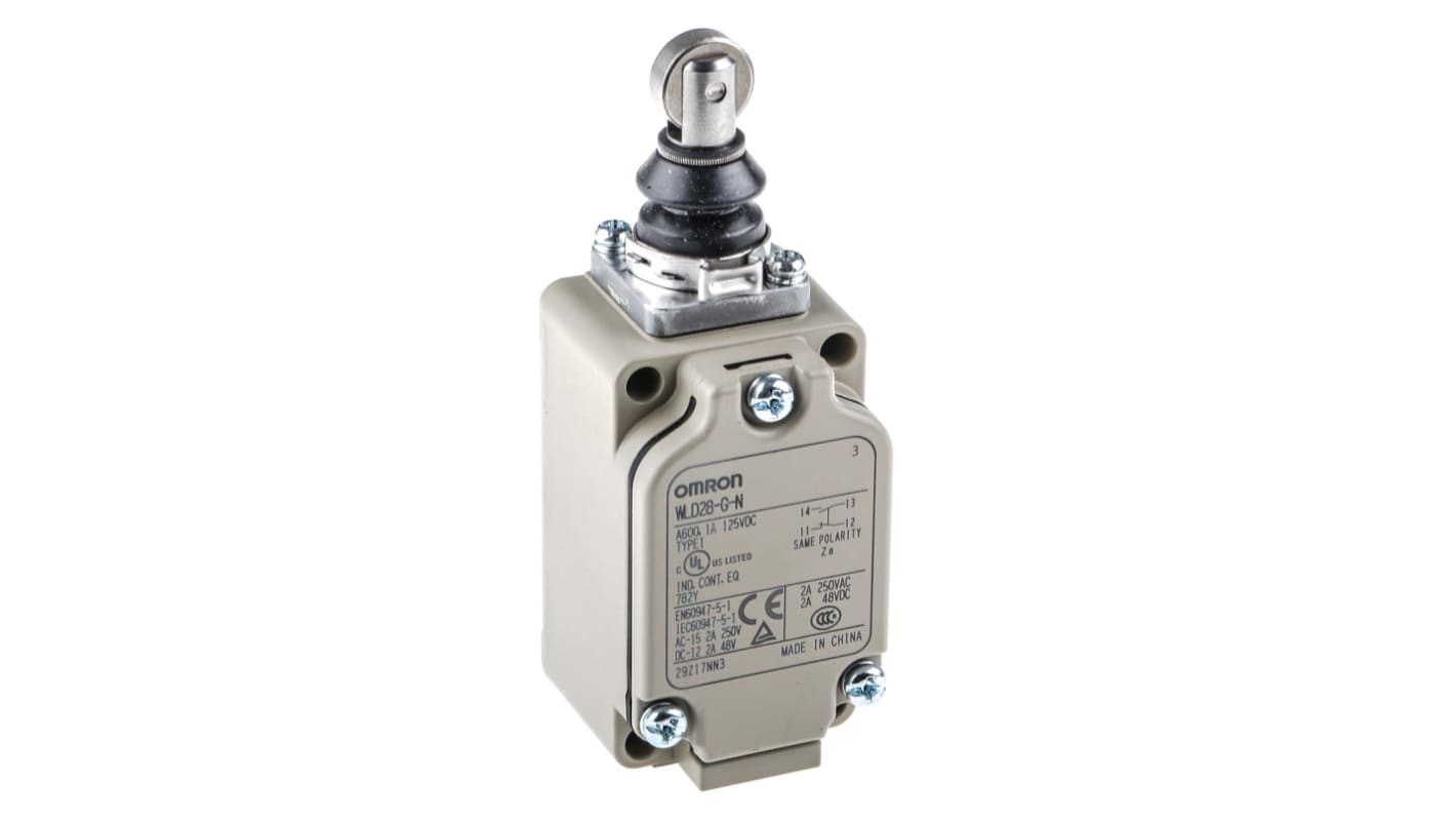 Interruttore di fine corsa Omron WLD28-G-N, configurazione SPST NO/NC, grado di protezione IP67, dimensioni 40mm x 42mm x 107.7mm.