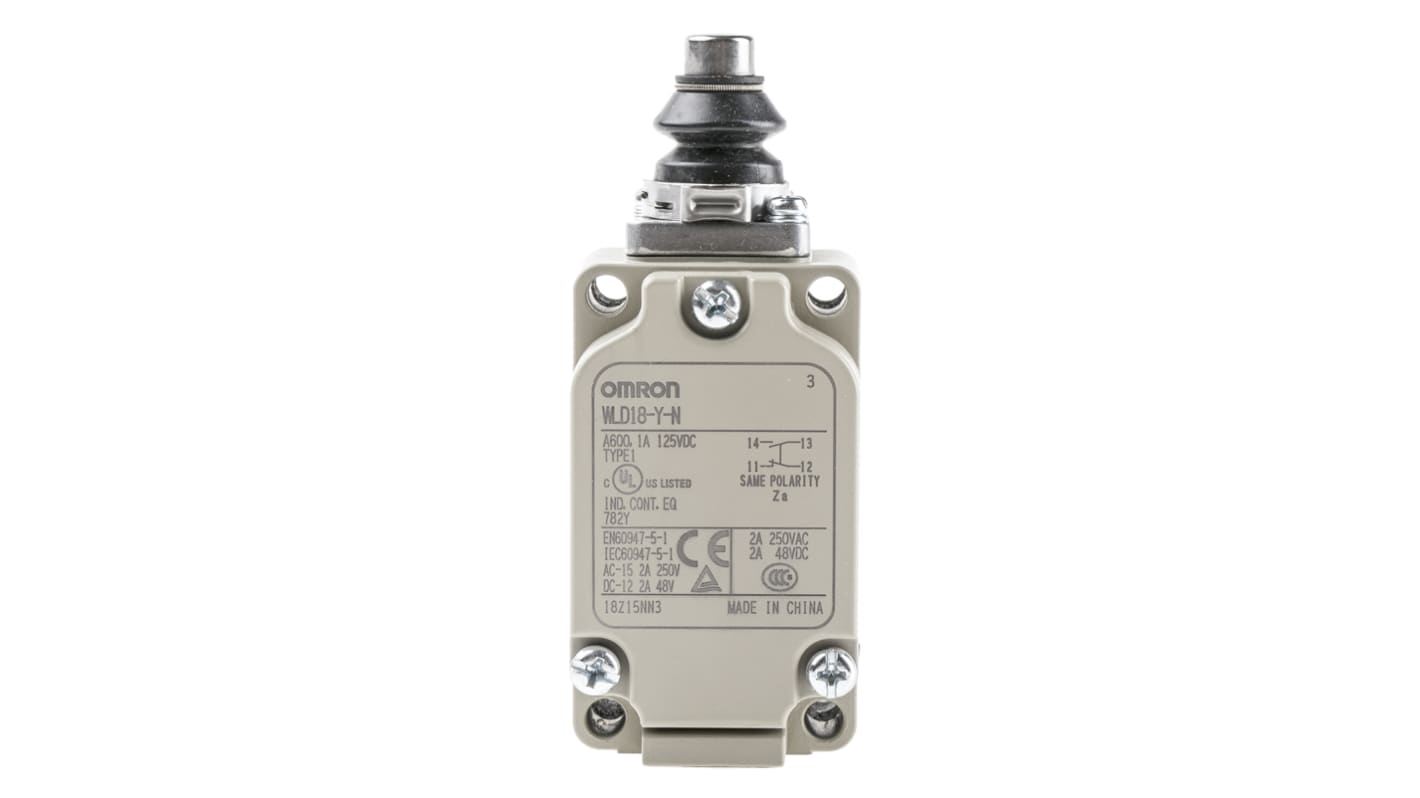 Interruttore di fine corsa Omron WLD18-Y-N, stantuffo NO/NC, portata 10A, protezione IP67, montaggio posteriore e anteriore.