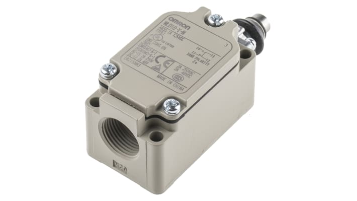 Interruttore di fine corsa Omron WLD18-Y-N, stantuffo NO/NC, portata 10A, protezione IP67, montaggio posteriore e anteriore.