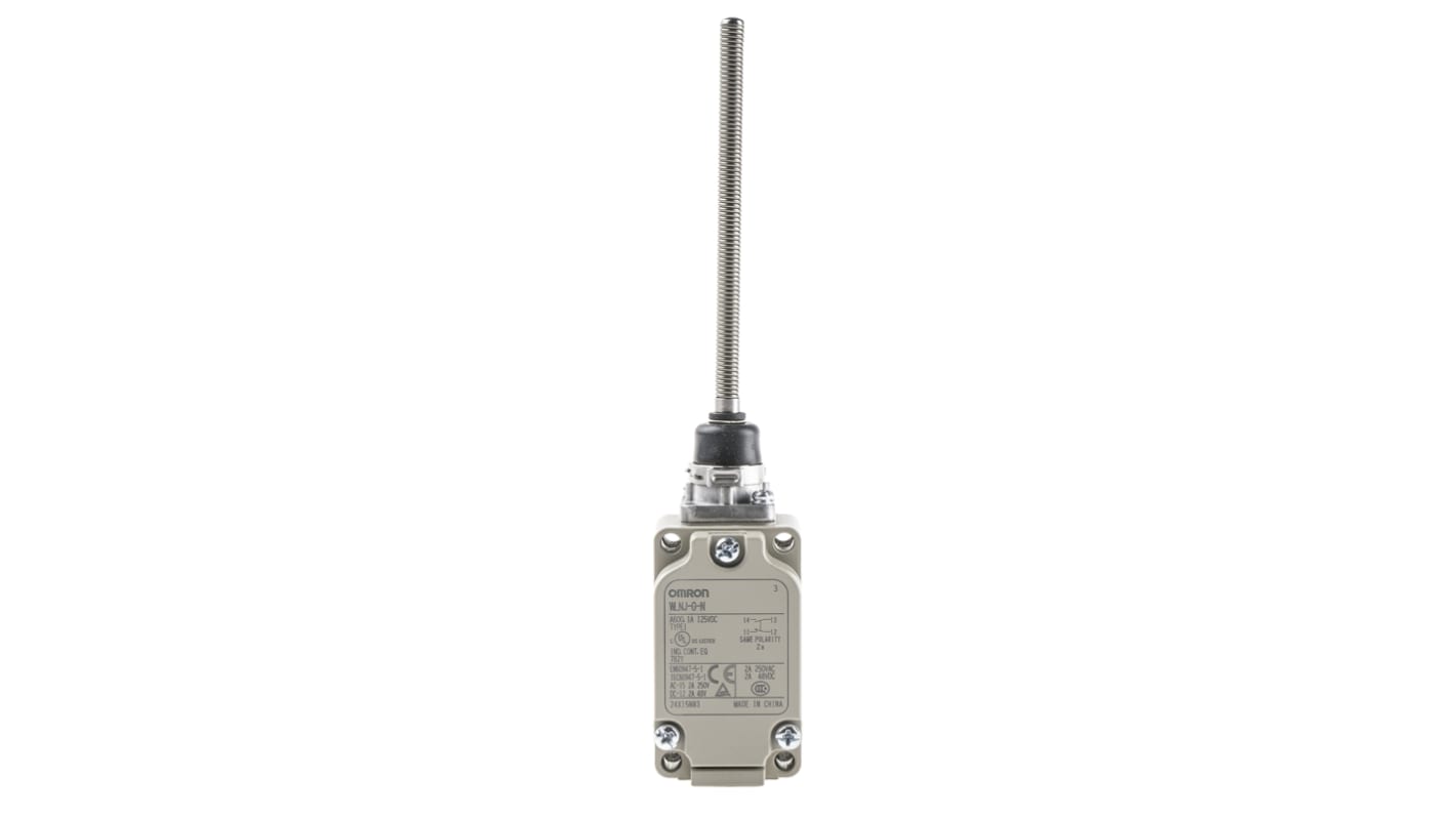 Interruttore di fine corsa Omron WLNJ-G-N con molla elicoidale, configurazione NO/NC, grado di protezione IP67. Dimensioni 203,7 x 42 x 40 mm.