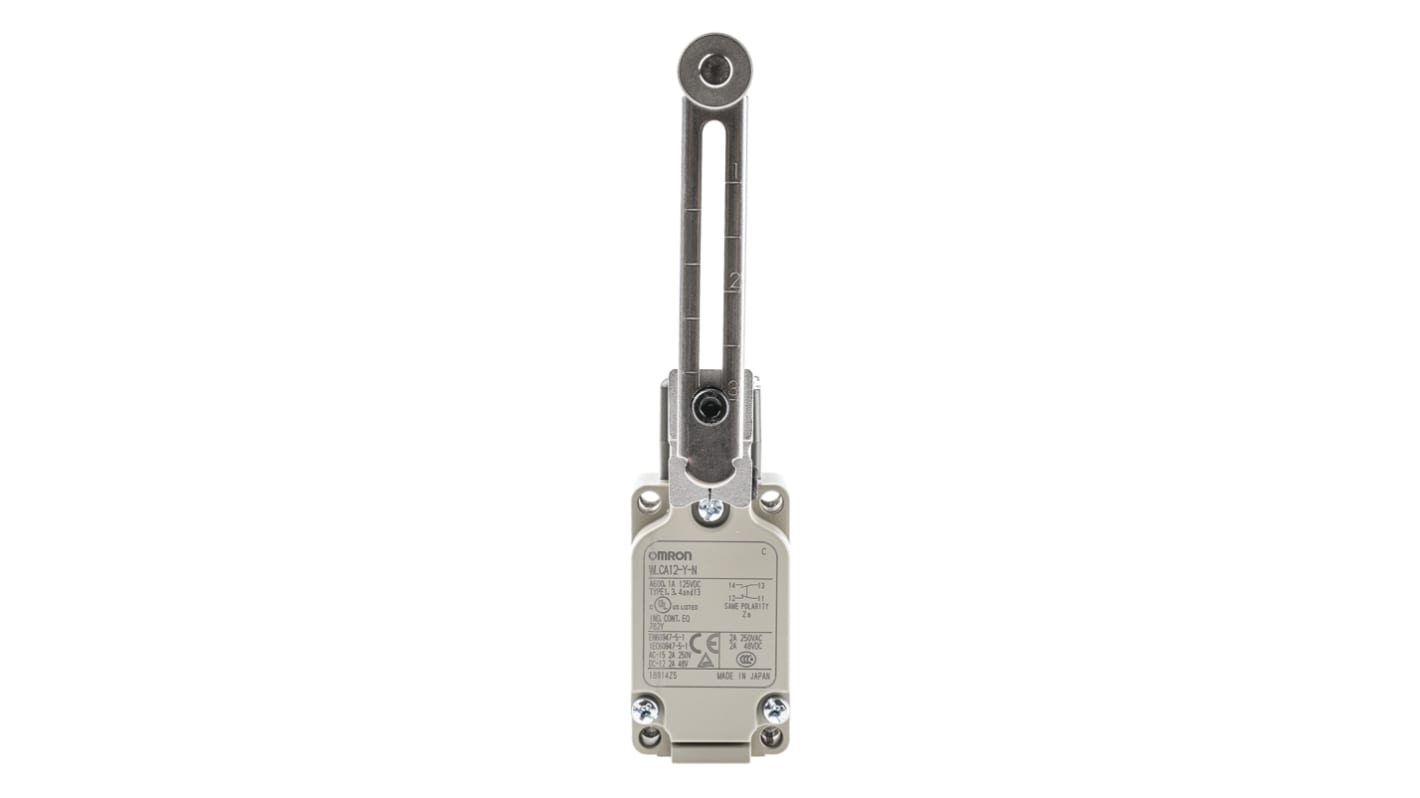 Interruttore di fine corsa a leva a rullo Omron WLCA12-Y-N, configurazione NO/NC, protezione IP67, dimensioni 40 mm x 53.2 mm x 94.1 mm.