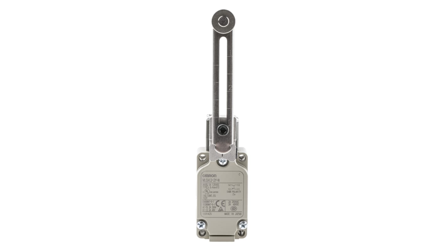 Interruttore di fine corsa Omron WLCA12-2Y-N, leva a rullo NO/NC, protezione IP67, dimensioni 40mm x 53.2mm x 94.1mm.
