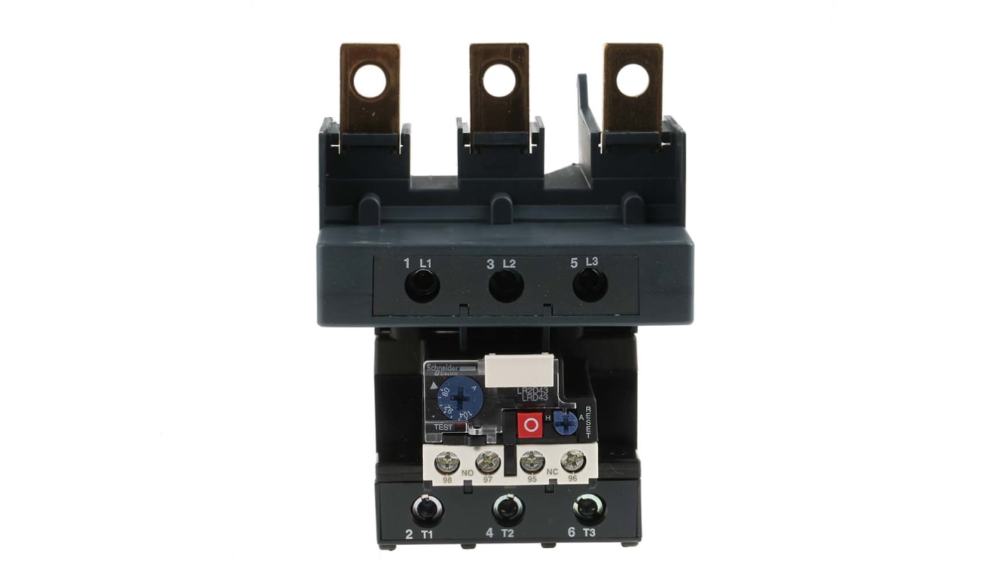 Relè di sovraccarico termico bimetallico Schneider Electric LRD4365, 1 NO + 1 NC, 5 A per motori industriali. Funzionalità bloccabile, reset manuale/automatico.