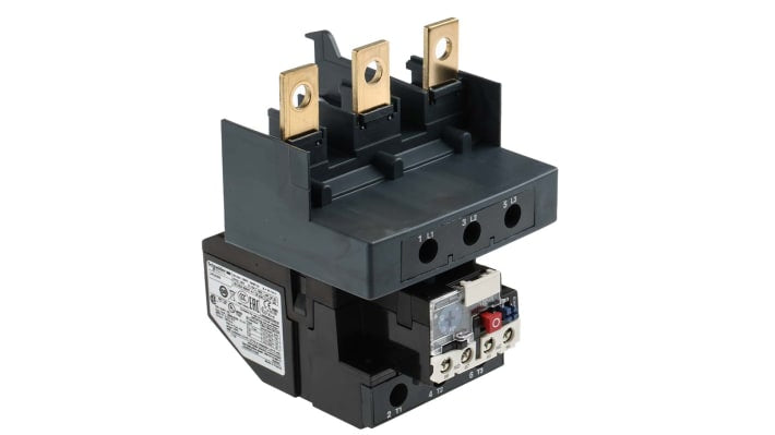 Relè di sovraccarico termico bimetallico Schneider Electric LRD4365, 1 NO + 1 NC, 5 A per motori industriali. Funzionalità bloccabile, reset manuale/automatico.