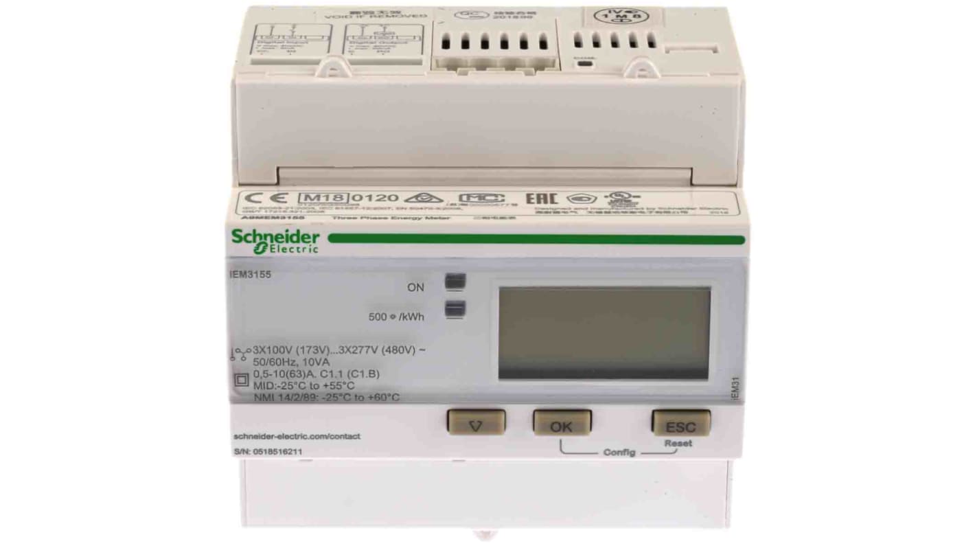 Contatore di energia trifase Schneider Electric A9MEM3155, montaggio su guida DIN, display LCD, corrente nominale 63 A.
