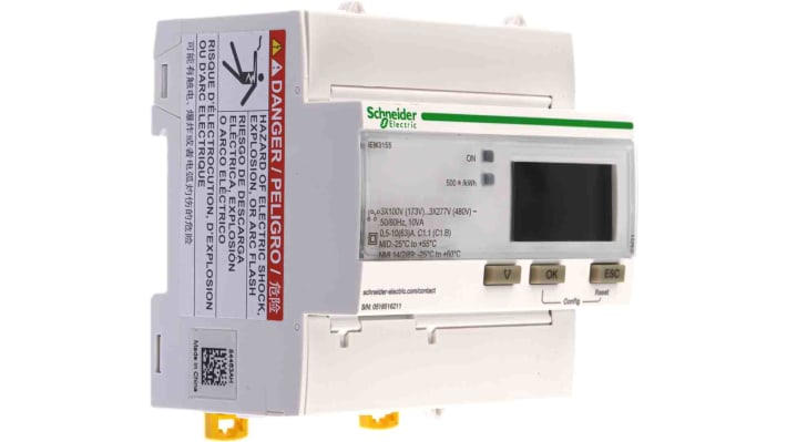 Contatore di energia trifase Schneider Electric A9MEM3155, montaggio su guida DIN, display LCD, corrente nominale 63 A.