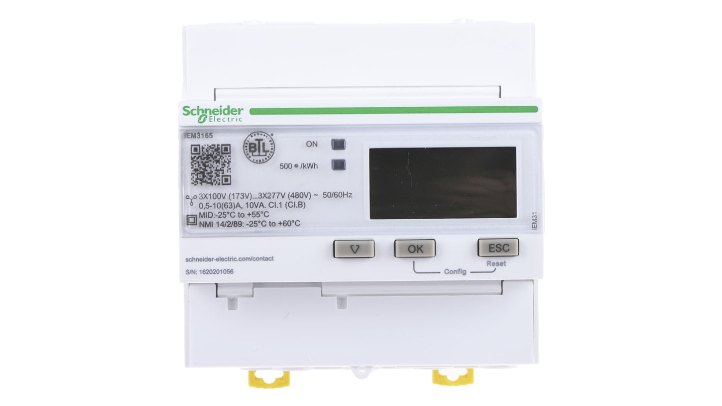 Contatore di energia Schneider Electric A9MEM3165, 3 fasi, display LCD, montaggio su guida DIN, precisione 1.0, misurazione fino a 63 A.