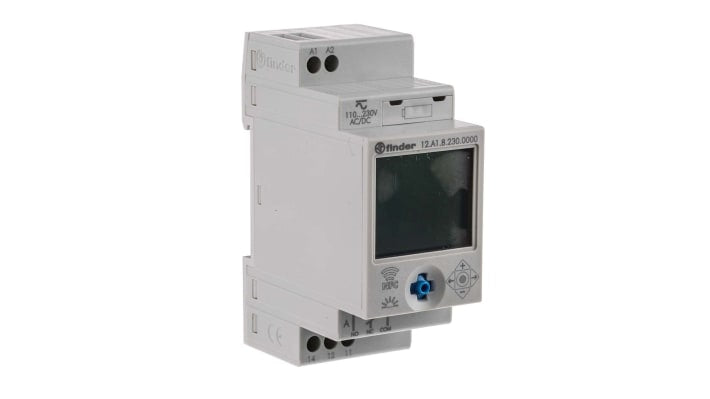 Finder 12.A1.8.230.0000 NFC, temporizzatore digitale per guida DIN, 110-230 V, contatto SPDT, programmazione minuti e secondi.