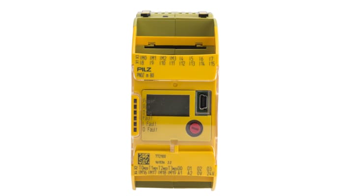Controller di sicurezza Pilz 772100 PNOZmulti 2, 28 I/O, 20 ingressi e 4 uscite, dimensioni 101,4 x 22,5 x 120 mm.