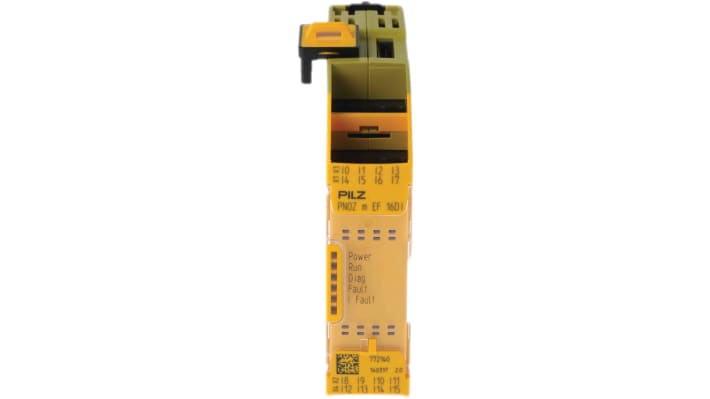 Modulo di ingresso di sicurezza Pilz 772140 PNOZ m EF, 16 ingressi, alimentazione 24 V c.c., montaggio su guida DIN, dimensioni 101,4 x 22,5 x 120 mm.