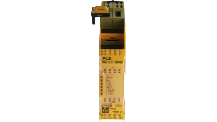 Modulo I/O Pilz 772142, 8 ingressi e 4 uscite relè, montaggio su guida DIN, dimensioni 101,4 x 22,5 x 120 mm.