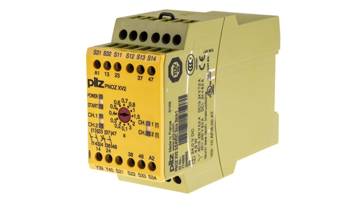 Relè di sicurezza Pilz PNOZ XV2, 24V cc, 2 canali, montaggio su guida DIN, dimensioni 45x121x87 mm, conforme a EN 60947-5-1.