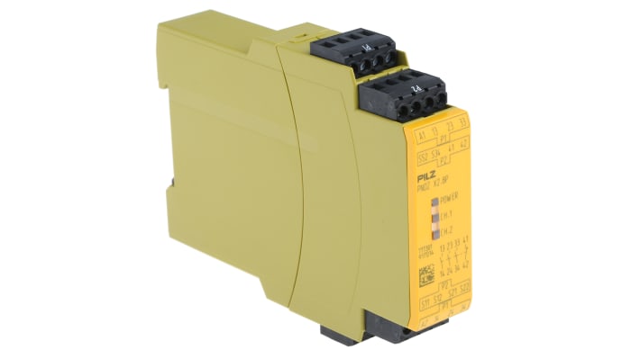 Relè di sicurezza Pilz PNOZ X2.8P, 24V, 2 canali, 3 contatti, montaggio su guida DIN, dimensioni 94mm x 22.5mm x 121mm.