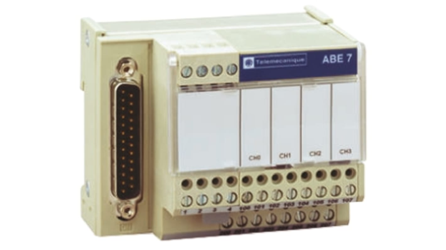 Base Schneider Electric ABE7CPA410 per sistema Advantys ABE7. Collega modulo analogico BMXAMI0410 a morsettiera per 4 ingressi tensione e corrente.