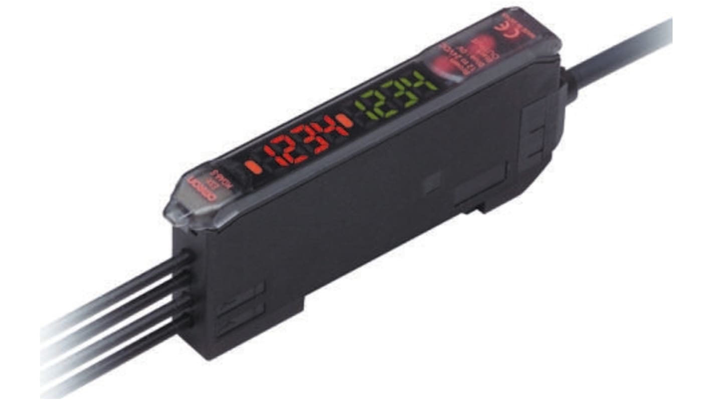Omron E3X-MDA8, sensore PNP per fibre ottiche con amplificatori digitali, alimentazione 12-24 V, dimensioni 74,3 x 10 x 32 mm.